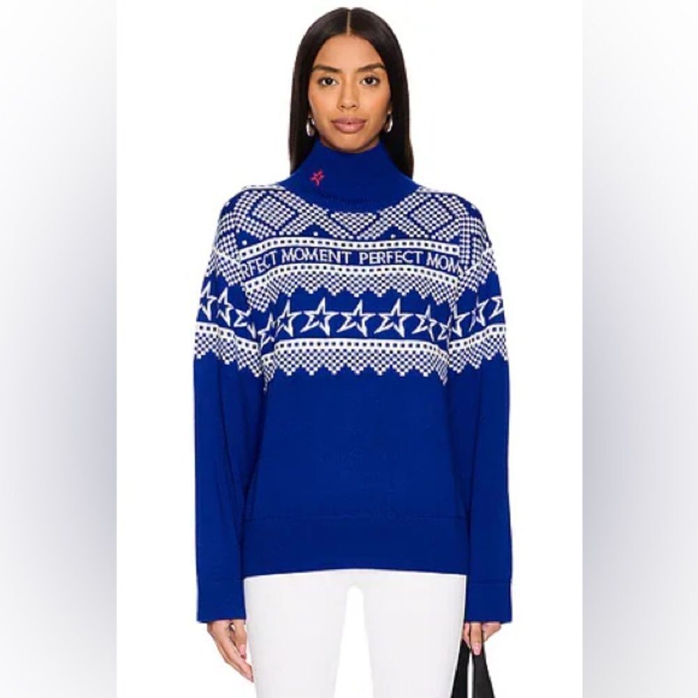 Perfect Moment Intarsia-knit sweater Merino Wool NWT Size Small Blue